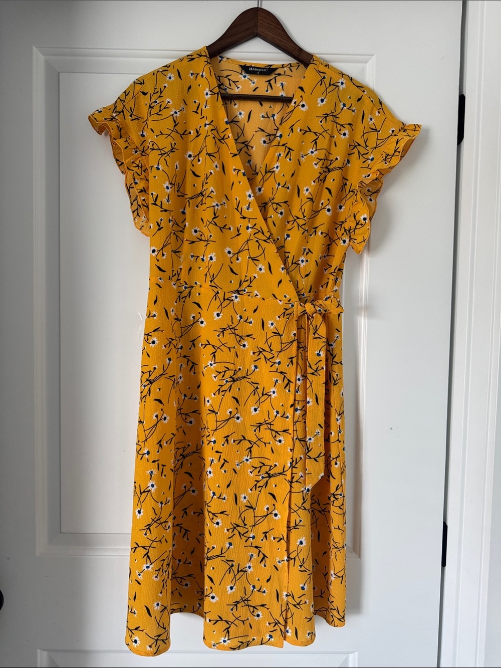 Allegra K Mustard Yellow Floral Wrap Midi Dress